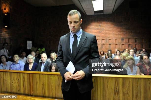 Oscar Pistorius appears for his bail hearing in the Pretoria Magistrate Court on February 20, 2013 in Pretoria, South Africa. Oscar Pistorius, who...