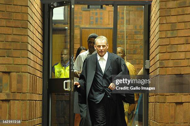 South African State Prosecutor, Gerrie Nel, outside the Pretoria Magistrate Court on February 20, 2013 before the bail hearing Oscar Pistorius in...