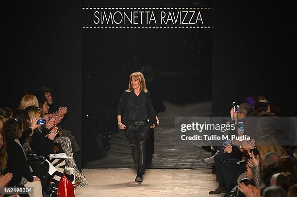 Designer Simonetta Ravizza acknowledges the applause of the audience after at the Simonetta Ravizza fashion show as part of Milan Fashion Week...