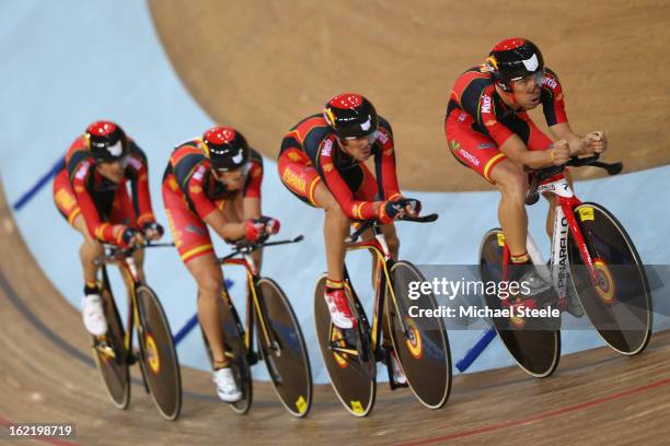 The Spain men's team pursuit of Unai Elorriaga,Eloy Teruel,Asier Maeztu and Sebastian Mora during heats on day one of the UCI Track World...