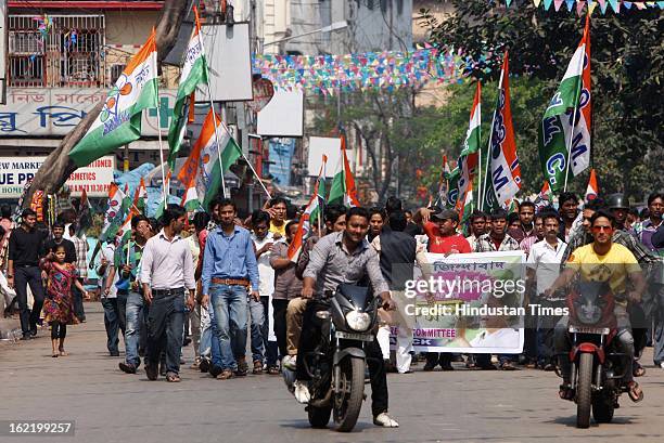 Trinmool Congress workers taking out a rally against the 48 hour nationwide strike called by 11 Central Trade Unions on February 20, 2013 in Kolkata,...