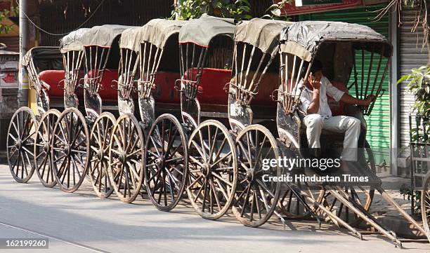 Empty Hand rickshaws standing in line as 48 hour nationwide strike called by 11 Central Trade Unions crippled the life of city on February 20, 2013...