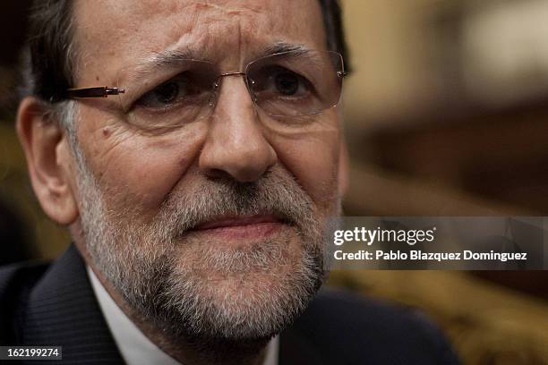 Spain's Prime Minister Mariano Rajoy gestures during the first State of Nation Debate during his government at Parliament on February 20, 2013 in...