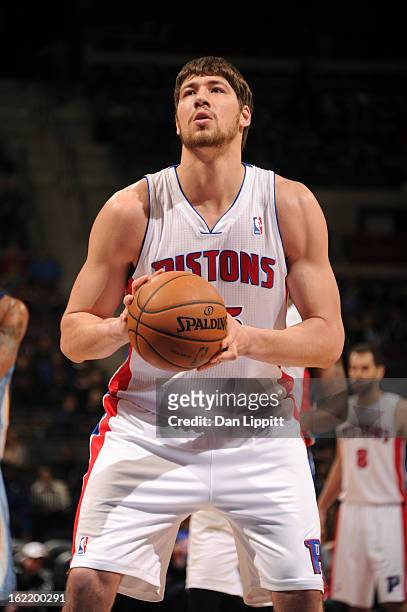 Viacheslav Kravtsov of the Detroit Pistons shoots a free throw against the Memphis Grizzlies on February 19, 2013 at The Palace of Auburn Hills in...