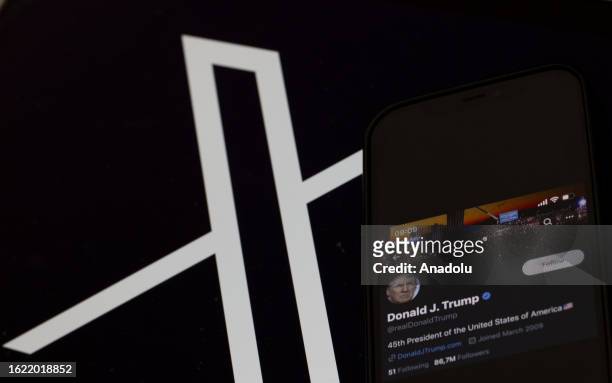 In this photo illustration, X account of Former U.S. President Donald Trump is displayed on a smartphone and the logo of X is seen at the background...