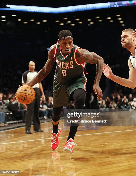 Larry Sanders of the Milwaukee Bucks dribbles the ball against the Brooklyn Nets at the Barclays Center on February 19, 2013 in New York City. NOTE...