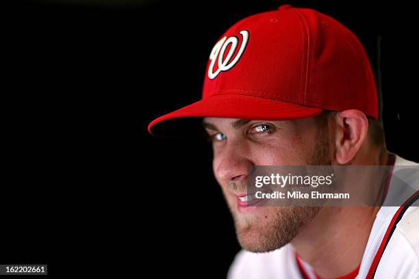 Bryce Harper of the Washington Nationals poses for a portrait during photo day at Space Coast Stadium on February 20, 2013 in Viera, Florida.