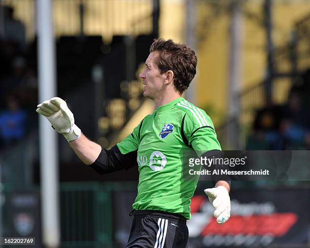 Goalie Troy Perkins of the Montreal Impact sets for play against DC United February 16, 2013 in the third round of the Disney Pro Soccer Classic in...