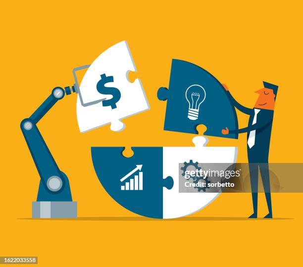 puzzles - automation robot arm machine - businessman - artificial intelligence manufacturing stock illustrations