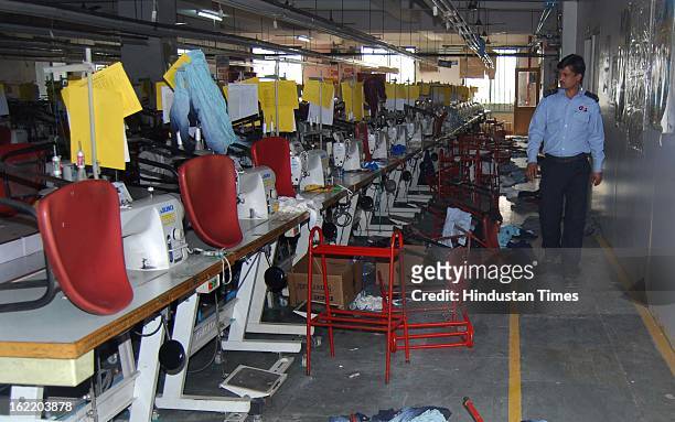 An hosiery factory unit at Sector 63 vandalized by angry mob of protesters during hours nationwide strike called by 11 national trade unions against...