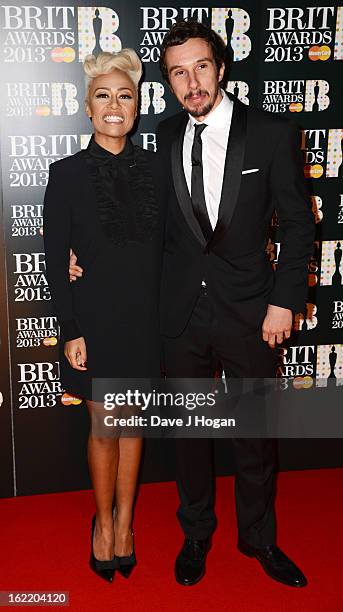 Emeli Sande and Adam Gouraguine attend The Brit Awards 2013 at The O2 Arena on February 20, 2013 in London, England.