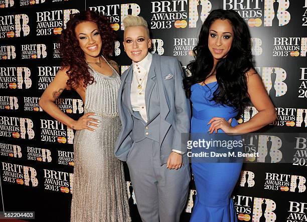 Karis Anderson, Courtney Rumbold and Alexandra Buggs of Stooshe arrive at the BRIT Awards 2013 at the O2 Arena on February 20, 2013 in London,...