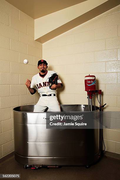 Pitcher Sergio Romo poses for a portrait during San Francisco Giants Photo Day on February 20, 2013 in Scottsdale, Arizona.