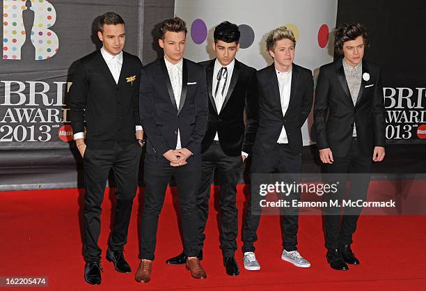 Liam Payne, Louis Tomlinson, Zayn Malik, Niall Horan and Harry Styles of One Direction attend the Brit Awards 2013 at the 02 Arena on February 20,...