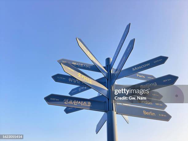 sign post at the han river - global village stock pictures, royalty-free photos & images