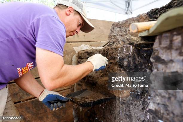 Senior fossil preparator Sean Campbell excavates in a fossil crate at the La Brea Tar Pits on August 17, 2023 in Los Angeles, California. A new study...