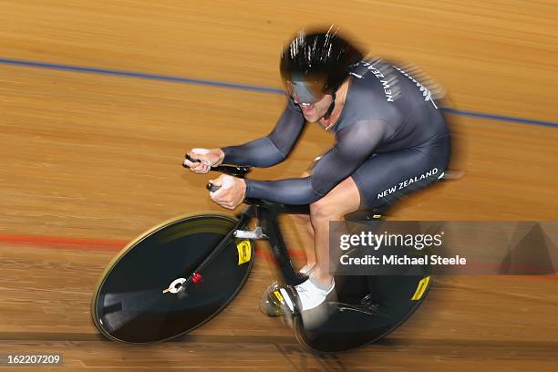 Simon van Velthooven of New Zealand on his way to winning silver in the men's 1km time trial during day one of the UCI Track World Championships at...