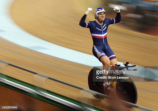 Francois Pervis of France celebrates winning the 1km Time Trial during day one of the UCI Track World Championships at the Minsk Arena on February...