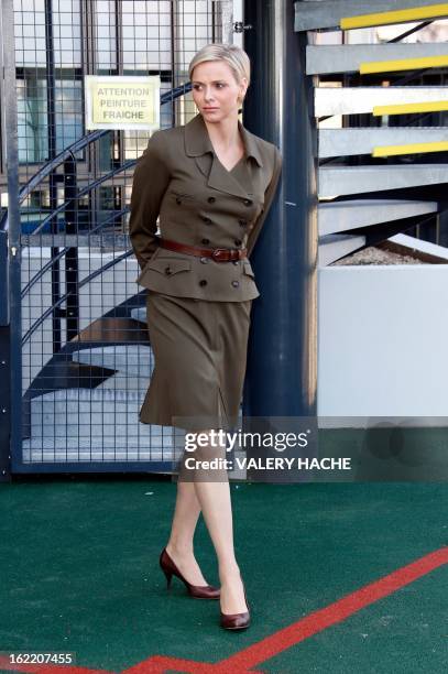 Princess Charlene is pictured during a visit which she and Prince Albert II of Monaco paid to the new "Lycee Technique et Hotelier de Monaco" on...