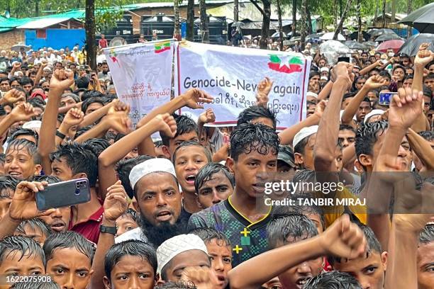 Rohingya refugees gather for a rally marking the 6th anniversary of genocide day, in Ukhia on August 25, 2023. Thousands of Rohingya refugees on...