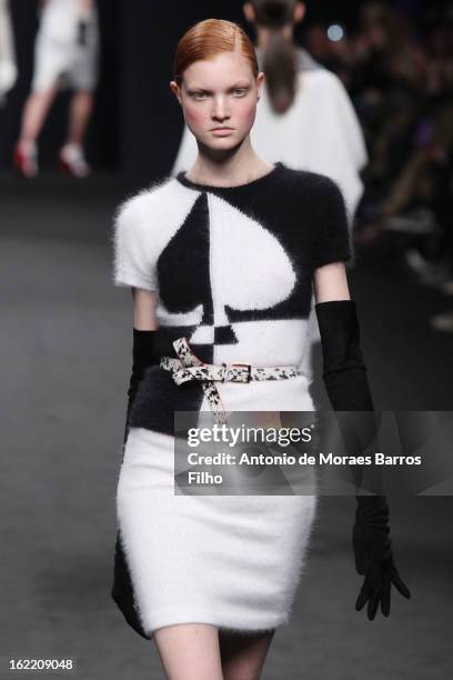 Model walks the runway at the Angelo Marani fashion show as part of Milan Fashion Week Womenswear Fall/Winter 2013/14 on February 20, 2013 in Milan,...