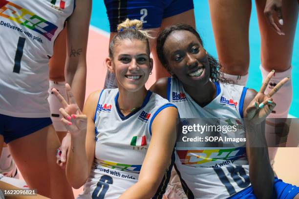 Alessia Orro and Paola Ogechi Egonu of Italy during the Final Round Day 8 of the Women's CEV Eurovolley 2023 between Italy vs Croatia in Turin. Italy...