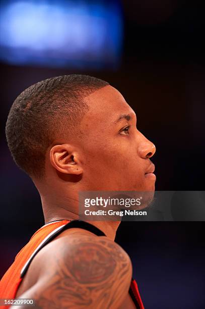 Rising Stars Challenge: Closeup of Portland Trail Blazers Damian Lillard during game during All-Star Weekend at Toyota Center. Houston, TX 2/15/2013...