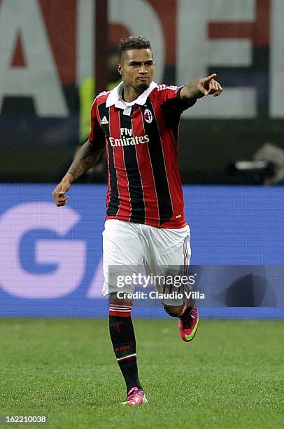 Kevin Prince Boateng of AC Milan celebrates scoring the first goal during the UEFA Champions League Round of 16 first leg match between AC Milan and...