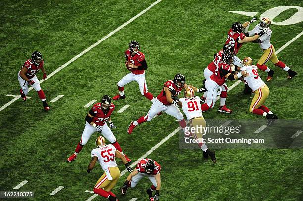 Quarterback Matt Ryan of the Atlanta Falcons passes against the San Francisco 49ers during the NFC Championship game at the Georgia Dome on January...
