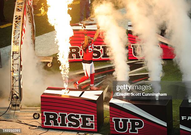 John Abraham of the Atlanta Falcons is introduced before the NFC Championship game against the San Francisco 49ers at the Georgia Dome on January 20,...