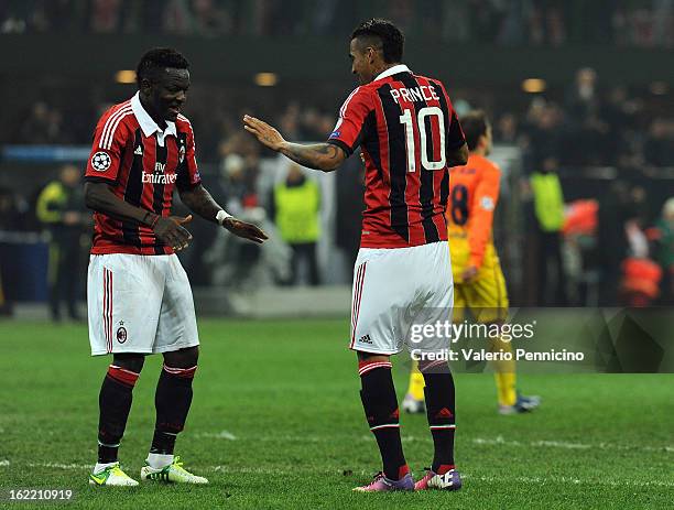 Sulley Ali Muntari of AC Milan celebrates his goal with team-mate Kevin-Prince Boateng during the UEFA Champions League Round of 16 first leg match...