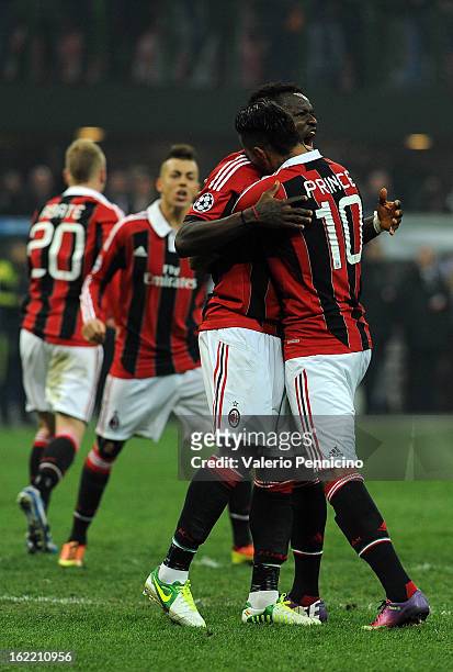 Sulley Ali Muntari of AC Milan celebrates his goal with team-mate Kevin-Prince Boateng during the UEFA Champions League Round of 16 first leg match...