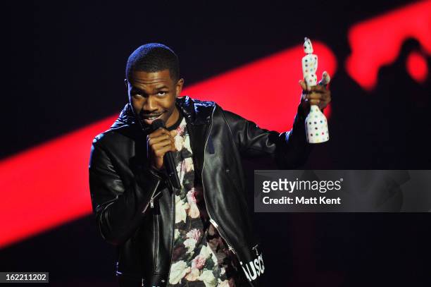 Frank Ocean receives the award for International Male Solo Artist on stage during the Brit Awards 2013 at the 02 Arena on February 20, 2013 in...