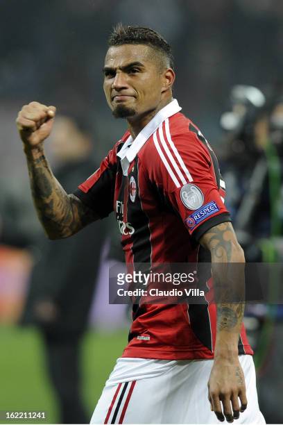 Kevin Prince Boateng of AC Milan celebrates victory at the end of the UEFA Champions League Round of 16 first leg match between AC Milan and...