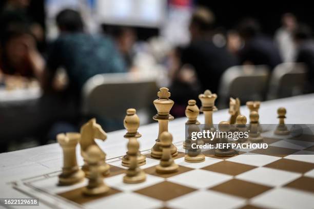 Chess board is seen during the 96th French chess championship on August 25, 2023 in L'Alpe d'Huez.