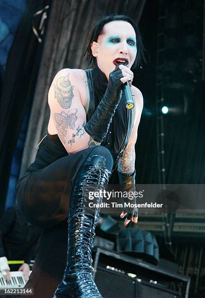 Marilyn Manson performs as part of Ozzfest 2003 at Cricket Pavilion on July 2, 2003 in Phoenix, Arizona.