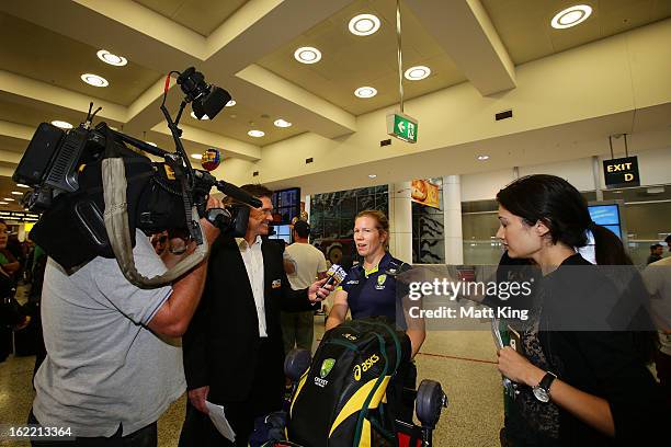 Alex Blackwell of the Australian women's cricket team speaks to the media after arriving home following their win in the 2013 World Cup at Sydney...