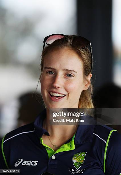 Ellyse Perry of the Australian women's cricket team speaks to the media after arriving home following their win in the 2013 World Cup at Sydney...