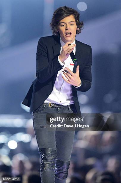 Harry Styles of One Direction performs at The Brit Awards 2013 at The O2 Arena on February 20, 2013 in London, England.