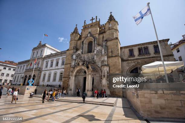 street view of santa cruz monastery and town hall, coimbra, portugal - monastery of santa cruz stock pictures, royalty-free photos & images