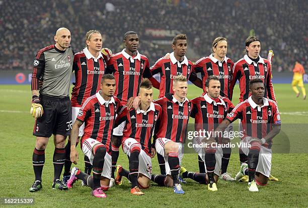 Milan players line up for a team photo before the start of the UEFA Champions League Round of 16 first leg match between AC Milan and Barcelona at...