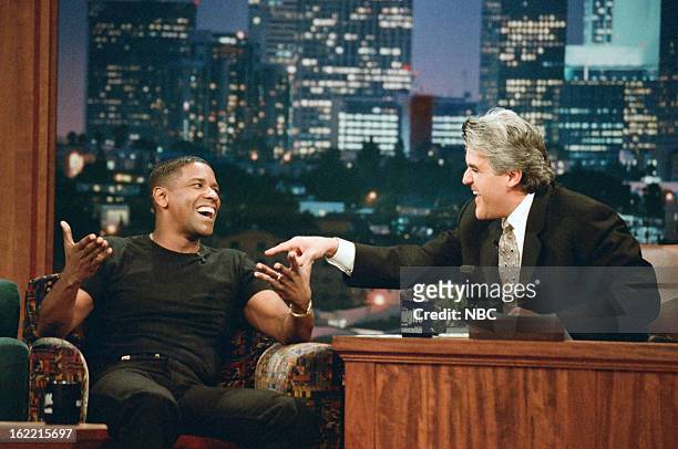 Episode 1051 -- Pictured: Actor Denzel Washington with host Jay Leno on December 12, 1996 --