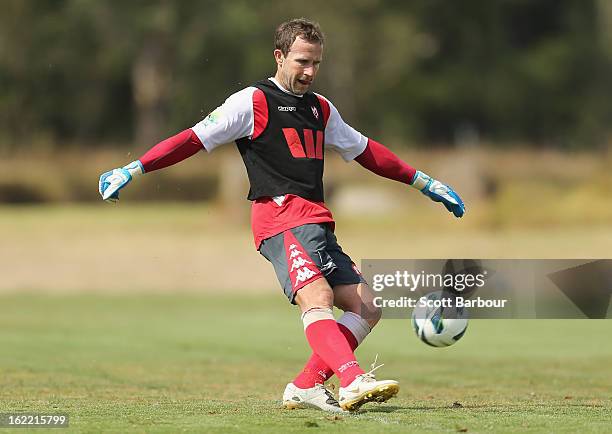 Goalkeeper Clint Bolton of the Heart kicks the ball during a Melbourne Heart A-League training session at La Trobe University Sports Fields on...