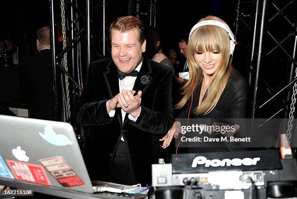 James Corden and Taylor Swift DJ at the Universal Music Brits Party hosted by Bacardi at the Soho House pop-up on February 20, 2013 in London,...