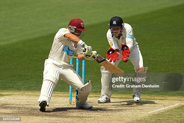 Chris Hartley of the Bulls bats during day four of the Sheffield Shield match between the Victorian Bushrangers and the Queensland Bulls at Melbourne...