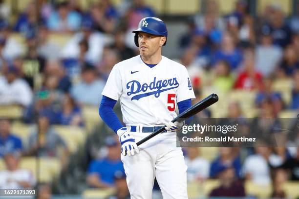 Freddie Freeman of the Los Angeles Dodgers in the first inning at Dodger Stadium on August 17, 2023 in Los Angeles, California.