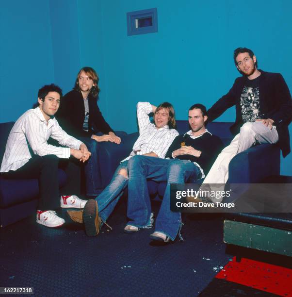 Group portrait of American pop rock band Maroon 5 backstage at a TV show, London, 2004. L-R Ryan Dusick, James Valentine, Mickey Madden, Adam Levine...