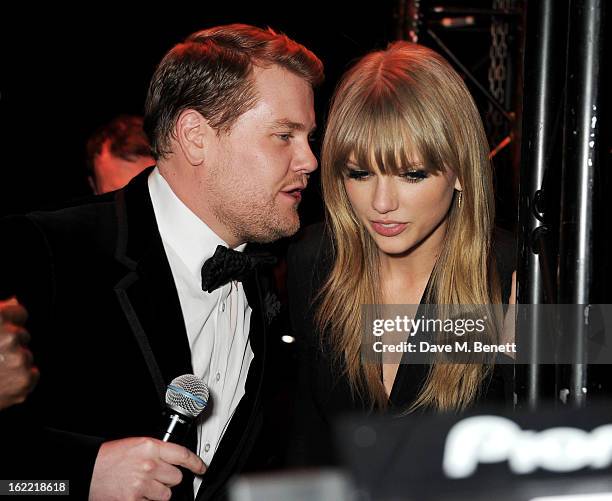 James Corden and Taylor Swift attend the Universal Music Brits Party hosted by Bacardi at the Soho House pop-up on February 20, 2013 in London,...