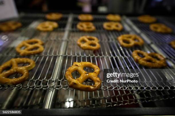 View of pretzels on a tray where vendors of bakery and pastry tools offer their products during the Expo Pan at the World Trade Center in Mexico...