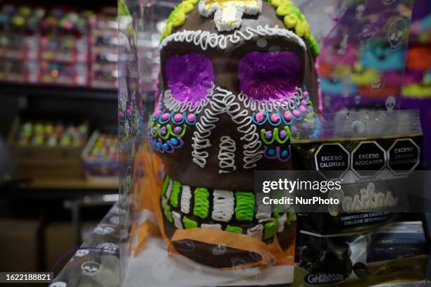 View of a little chocolate skull where bakery and confectionery vendors offer their products during the Pan Expo at the World Trade Center in Mexico...